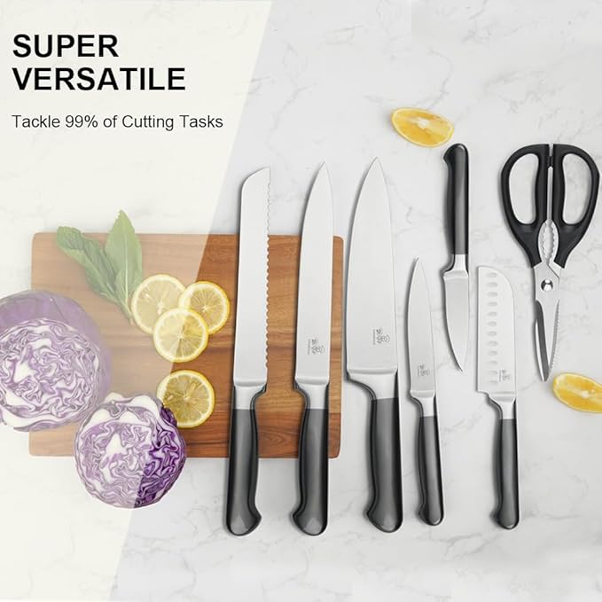 15-Piece German Kitchen Knife Set with Block - Ultra-Sharp Full-Tang Stainless Steel Blades, Built-In Sharpener, Dishwasher Safe, Ergonomic Non-Slip Handles, Christmas Elegant Gift Box, Modern Gray