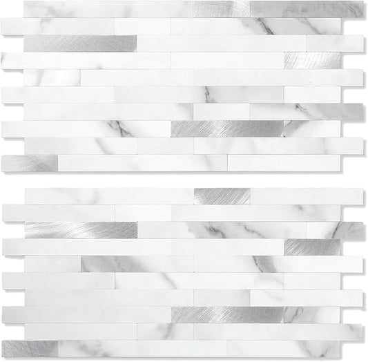 Yipscazo 2 Sheets Peel and Stick Stone Metal Backsplash, PVC Wall Tiles Stick on Tiles for Backsplash Kitchen, Bathroom, Fireplace (6'' X 12'', Marble White)