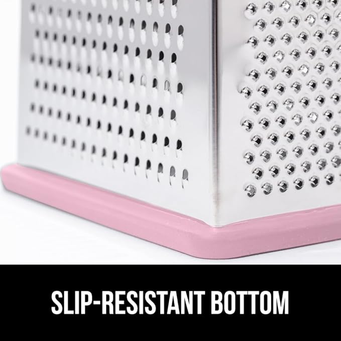 GORILLA GRIP 4-Sided Stainless Steel Cheese Grater With Container, 100% BPA-Free Box Grater, Slip Resistant Base and Handle, Grate Parmesan, Hard Cheeses, Shred Vegetables, Dishwasher Safe, Pink