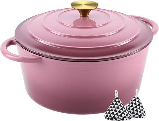 Miereirl 6 Quart Enameled Dutch Oven Pot with Lid, Cast Iron Dutch Oven with Dual Handles for Bread Baking, Cooking, Non-stick Enamel Coated Cookware, Rose