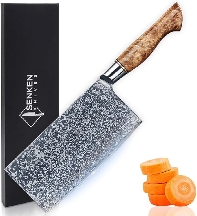 SENKEN 7" Damascus Steel Cleaver Knife - Dynasty Collection - 67-Layer Japanese VG10 Steel w/ Sycamore Wood Handle, Razor Sharp Double Bevel 15° Edge
