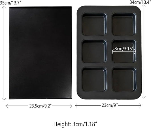 Elesinsoz 6 Cup Square English Muffin Pan with Lid Straight Side Hamburger Burger Bun Egg Sandwich Frittata Cinnamon Roll Focaccia Quiche Pancake Nonstick Baking Tin Tray Mold
