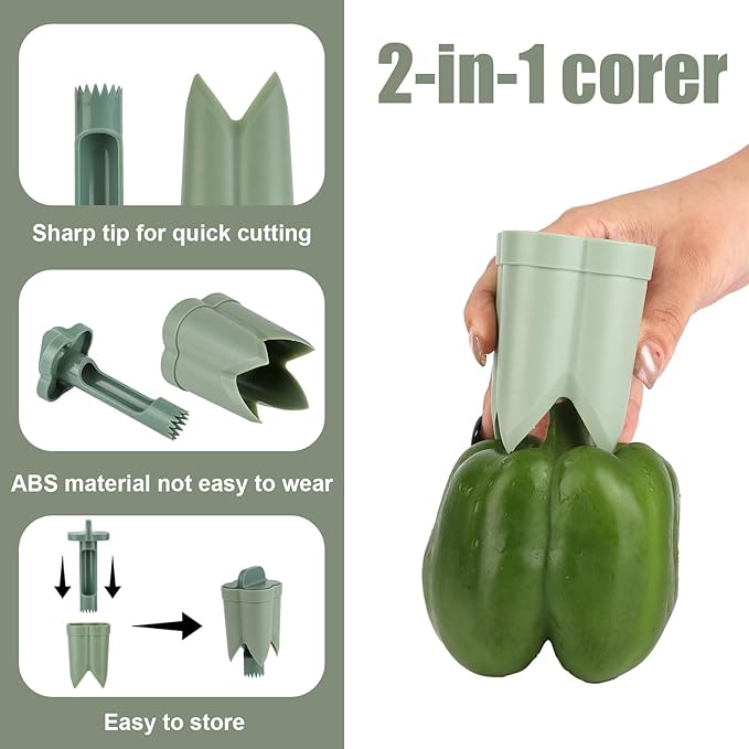 2pcs Pepper Corer, 4.45x2.2x2.2in/11.3x5.6x5.6cm ABS Material Pepper Deseeder 2 in1 Fruit Corer Cutter Kitchen Essential for Kitchen Home Family Camping(Green)