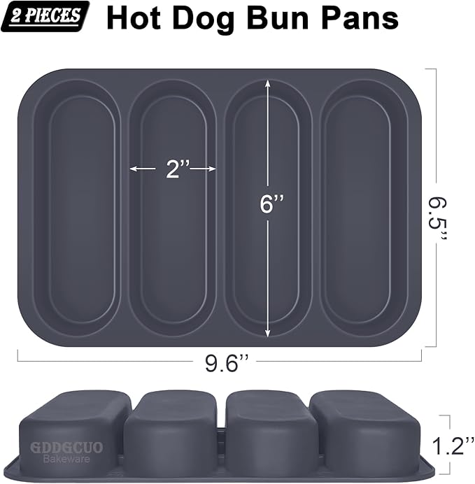 GDDGCUO Silicone Hotdog Bun Pan, 6 Inch Standard Hot dog Bun Mold, 4 Cup Non-stick Homemade Hotdog Bun Baking Pans, Mini Baguette Pans, Dishwasher Safe, 2 Pcs (Grey)