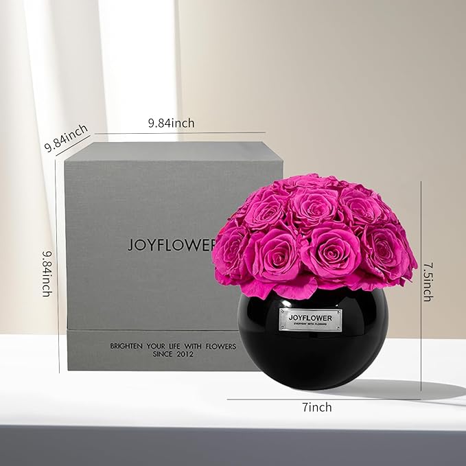 JoyFlower Preserved Flowers Vase Glass Decor, Eternal Flower Vases for Centerpieces, Forever Flower Decorations for Party Home Wedding Table Living Room Bedroom, Black Glass Vase House Decor(Fuchsia)