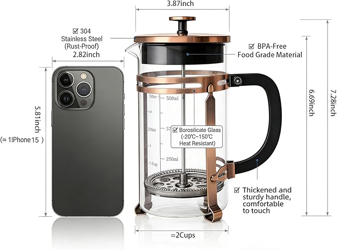 Coffee Maker304 Stainless Steel French Press with 4 Filter, Heat Resistant Durable, Borosilicate Glass Coffee Press, 100% BPA Teapot, 21 ounce, copper