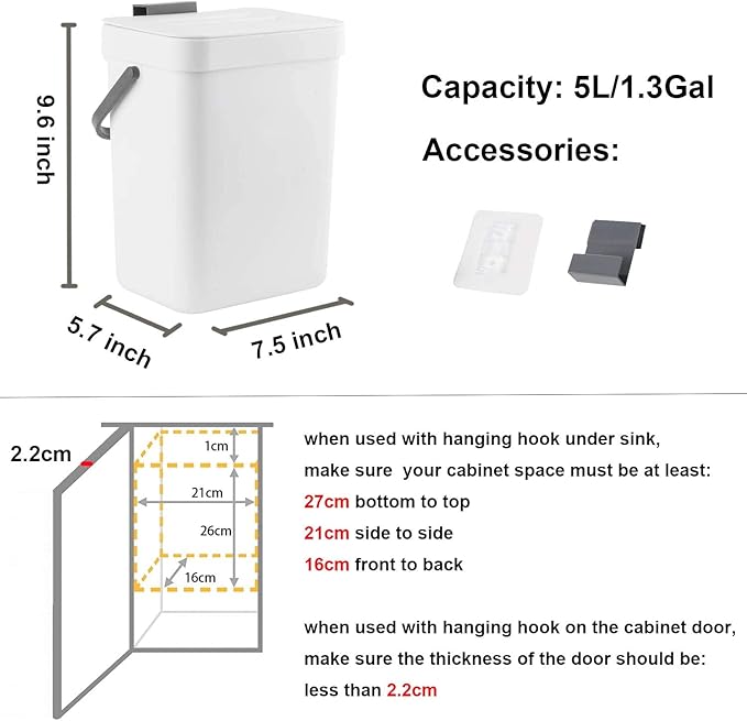 LALASTAR Compost Bin Indoor Kitchen Sealed, Hanging Small Trash Can with Lid Under Sink for Kitchen, Food Waste Bin for Countertop, Mountable Garbage Can for Bathroom, RV, 5L/1.3 Gal, White