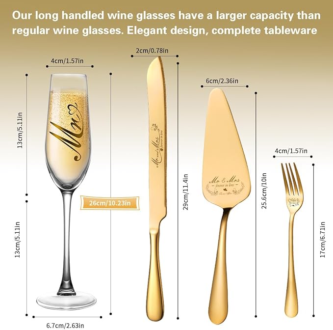 Mr and Mrs Champagne Flutes, Bride and Groom Champagne Glasses, Wedding Cake Knife and Server Set, Cake Cutting Set for Wedding, Bridal Shower Gifts, Engagement Gifts for Couples (Gold, Set of 6)