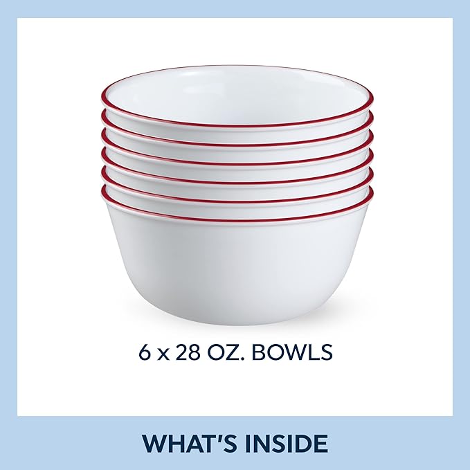 Corelle Vitrelle Glass 6-PC Bowls Set, For Soup Cereal & Dessert, Chip-Resistant & Lightweight Bowl Dinnerware Set, Red Banded 28 OZ