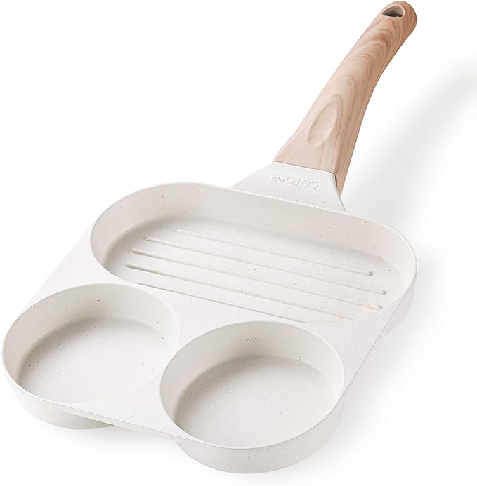 CAROTE Egg Pan Omelette Pan, 3-In-1 Divided Nonstick Grill Pan, Pancake Pan and Healthy Egg CookerSuitable for Gas Stove & Induction Cookware, White Granite