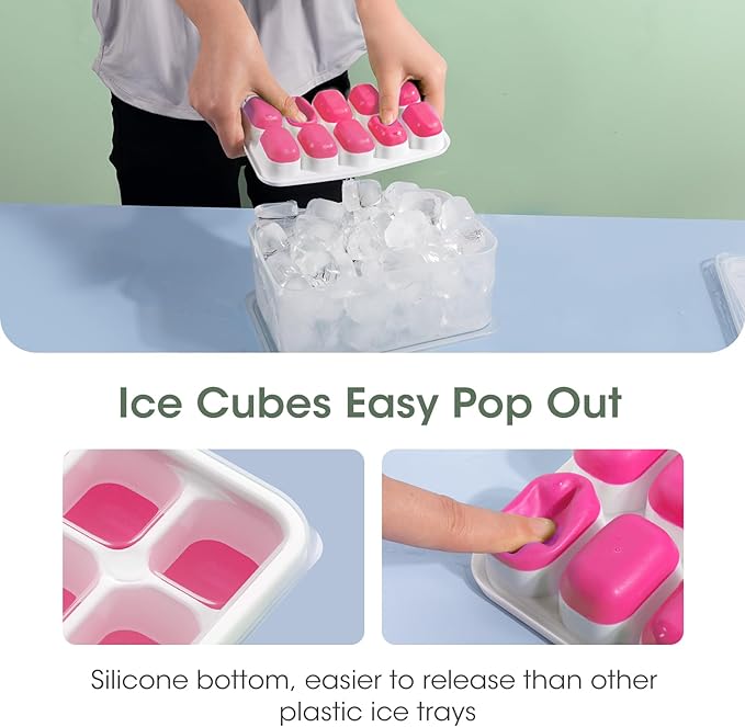DOQAUS Ice Cube Tray with Lid and Bin - 4 Pack Silicone Ice Cube Trays for Freezer, Stackable Ice Bucket Kits with Storage Container & Scoop for Kitchen, RV, Cocktail, Coffee