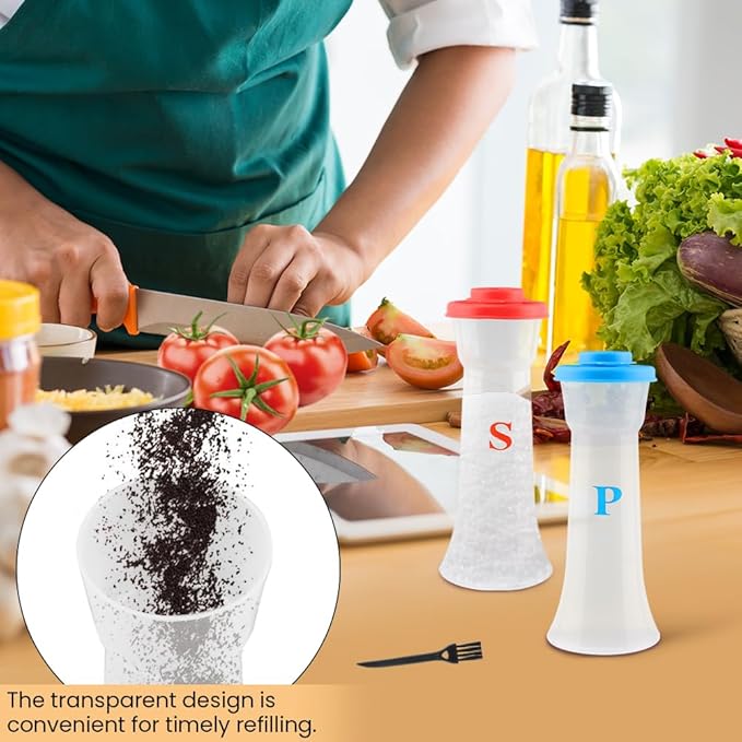 Salt and Pepper Shaker Set, Plastic Salt and Pepper Shaker Set with Lids,Airtight Spice Jar Dispenser for Restaurant Cleaning Brush Camping Home Kitchen Picnic (COLOR:2pcs Blue+2pcs Red)