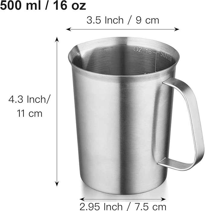 CURTA 18/8 Stainless Steel Measuring Cup with Handle and Pour Lip, Metal Pitcher with Oz and ML marking, 16OZ/500ML- 2 Cup), Heavy-Duty Pitcher