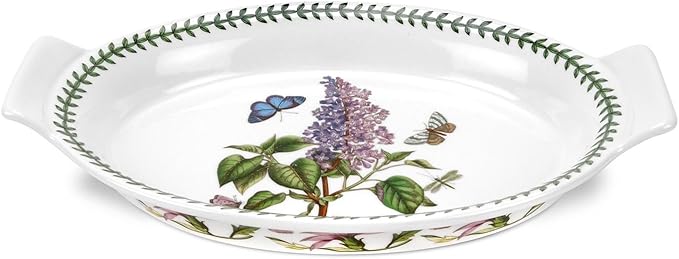 Portmeirion Botanic Garden 12.5" Oval Gratin Dish, Lilac Motif - Durable Porcelain, Oven to Table Serveware, Dishwasher Safe - Functional Bakeware & Roaster