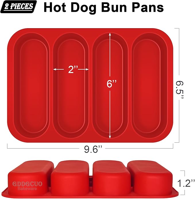 GDDGCUO Silicone Hotdog Bun Pan, 6 Inch Standard Hot dog Bun Mold, 4 Cup Non-stick Homemade Hotdog Bun Baking Pans, Mini Baguette Pans, Dishwasher Safe, 2 Pcs (Red)