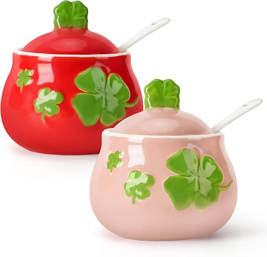Ceramic Sugar Bowl Set of 2, Four-Leaf Clover Print Sugar and Salt Container with Lid and Spoon, Pink Red Decorative Spice Jar for Kitchen/Tea Time, Dishwasher Safe