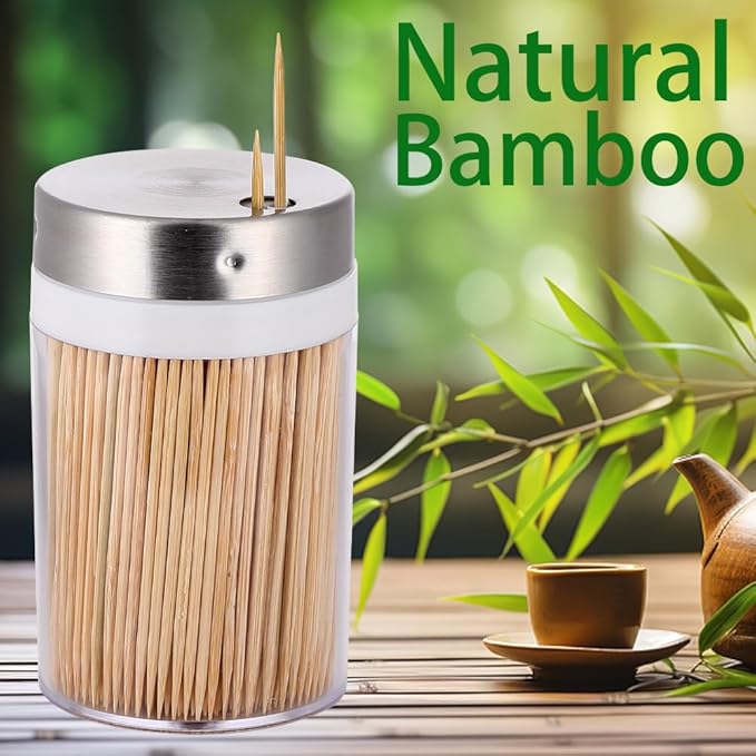 Toothpick Holder, 2000 Count Bamboo Toothpicks with 4 Reusable Toothpick Dispenser, Sturdy Smooth Health Toothpicks for Party, Bar, Olive, Barbecue, Fruit and Teeth Cleaning