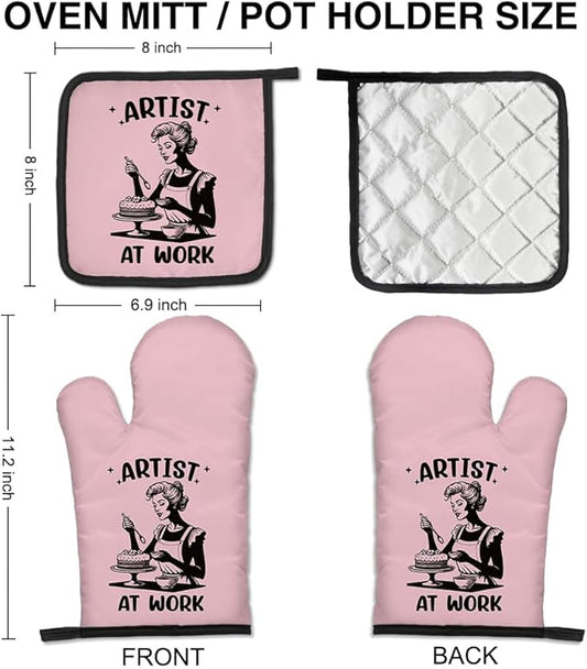 Artist at Work Cute Oven Mitts and Pot Holders Set, Baking Kitchen Tools for Female Bakers Cake Makers, Baking Gifts for Cake Lovers, Retro Humor Oven Mitts for Mom