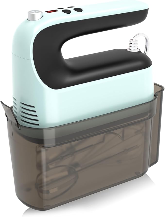 Yomelo 9-Speed Digital Hand Mixer Electric, 400W Powerful DC Motor, Hand Mixer Electric Handheld with Snap-On Storage Case, 5 Stainless Steel Accessories, Beaters, Dough Hooks, Whisk(Ice Blue/Black)
