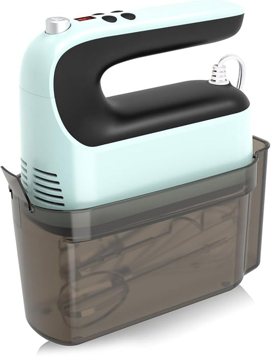 Yomelo 9-Speed Digital Hand Mixer Electric, 400W Powerful DC Motor, Hand Mixer Electric Handheld with Snap-On Storage Case, 5 Stainless Steel Accessories, Beaters, Dough Hooks, Whisk(Ice Blue/Black)