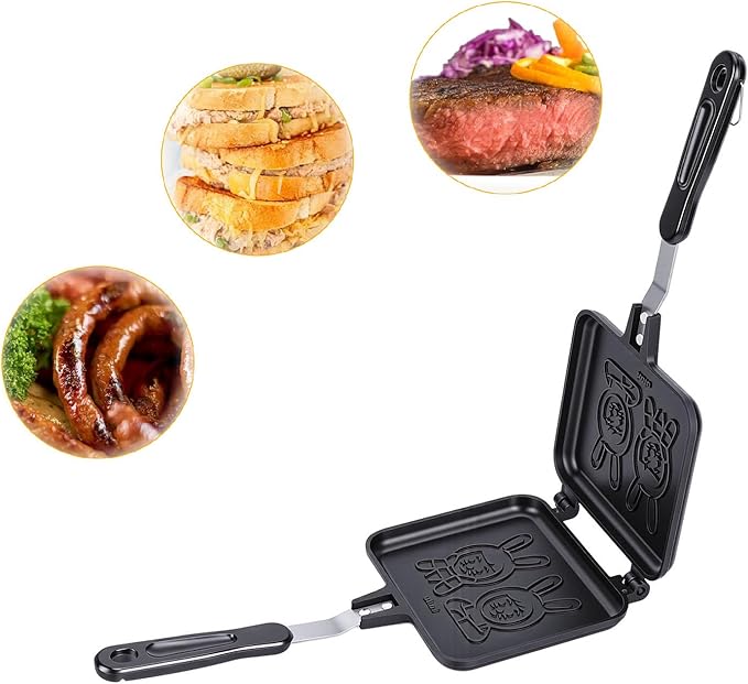 Diydeg Hot Sandwich Maker, Non Stick Stovetop Toasted Sandwich and Panini Pan with Handle, Aluminum Double Sided Grill Pan for Home, Kitchen, Breakfast, Camping (6.1in x 13.98in)
