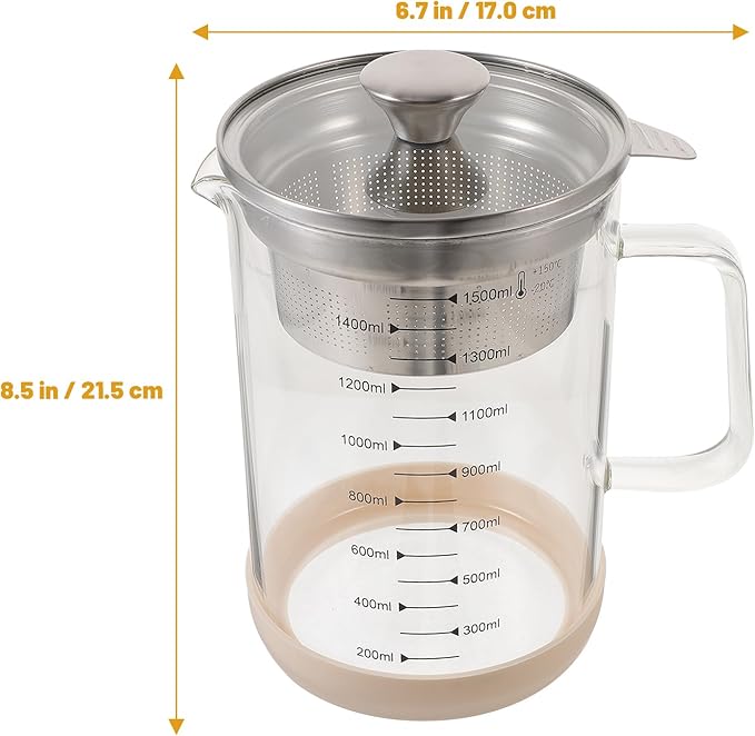 Kichvoe Glass Pitcher: Food Strainer Soy Milk Filter Teapot With Fine Mesh Filter And Lid For Milk Juice Water Tea Beverages- 1500 Ml