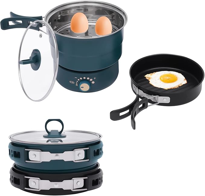 Portable Electric Hot Pot 500W 1.6L with Foldable Handles Non-stick Frying Pan Mini Hot Pot Multi-Functional Ramen Noodle Cooker with Power Adjustment for Noodles Steak Cooker Eggs StirFrying (Green)