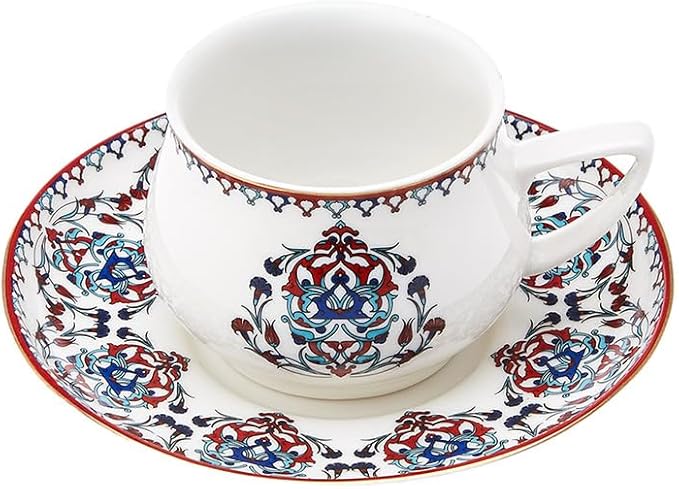 KARACA Nakkas Turkish Coffee Cup Set of 6, (12 Piece) White Cups with Saucers - 3.3 fl oz Small Porcelain Espresso Set - Ideal for Serving Greek, Arabic Coffee