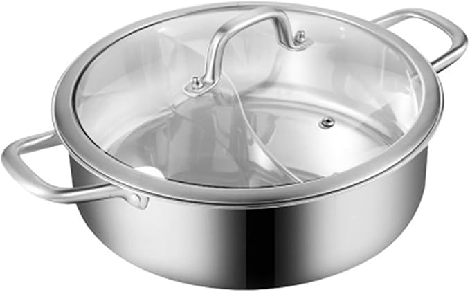 Double-flavor Shabu Shabu Pot with Divider and Lid, Dual Sided Nonstick Hot Pot, 32cm/12.6in Stainless Steel Shabu Shabu Pot, for Induction Cooktop, Gas Stove & Hot Burner, Soup Ladle Included