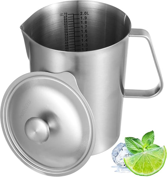 2L Stainless Steel Pitcher with Lid, 70 oz Measuring Cup with Dual-Scale Markings, Milk Frothing Jug, Large Beaker for Espresso Machine, Hot/Cold Water, Latte Art, Iced Tea