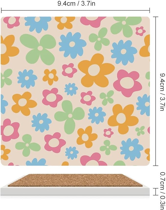 Square-4PCS Floral Drink Coasters, Square Modern Ceramic Absorbent Coasters, Cartoon 70s Cute Flower Abstract Pastel Daisy Floral Decor Desk Coffee Table Coaster for Beverage Cup Tea Coasters
