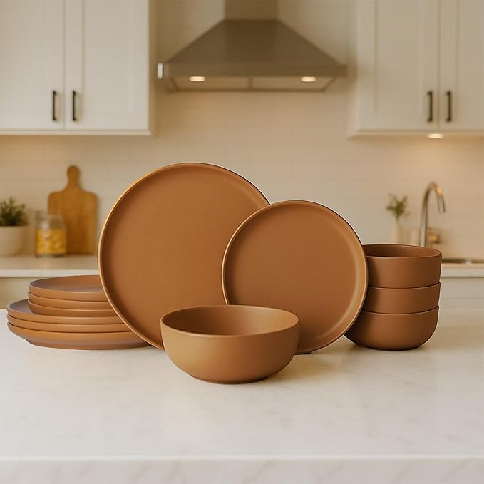 12-Piece Matte Orange Dinnerware Set,Stoneware Dinnerware for 4, Microwave & Dishwasher Safe, Stackable Design for Kitchen and Dining - Plates and Bowls