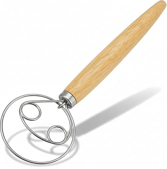 Danish Dough Whisk Stainless Steel with Dough Hook & Wooden Handle for Sourdough Bread Baking and Dough Mixing