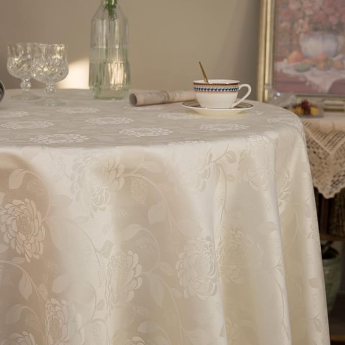 Round Tablecloth Waterproof Spillproof Lace Trim Damask Fabric Table Cloth for Wedding Kitchen Dinning Tabletop Decoration,Table Cover for Outdoor and Indoor,108 Inch Round, Ivory White