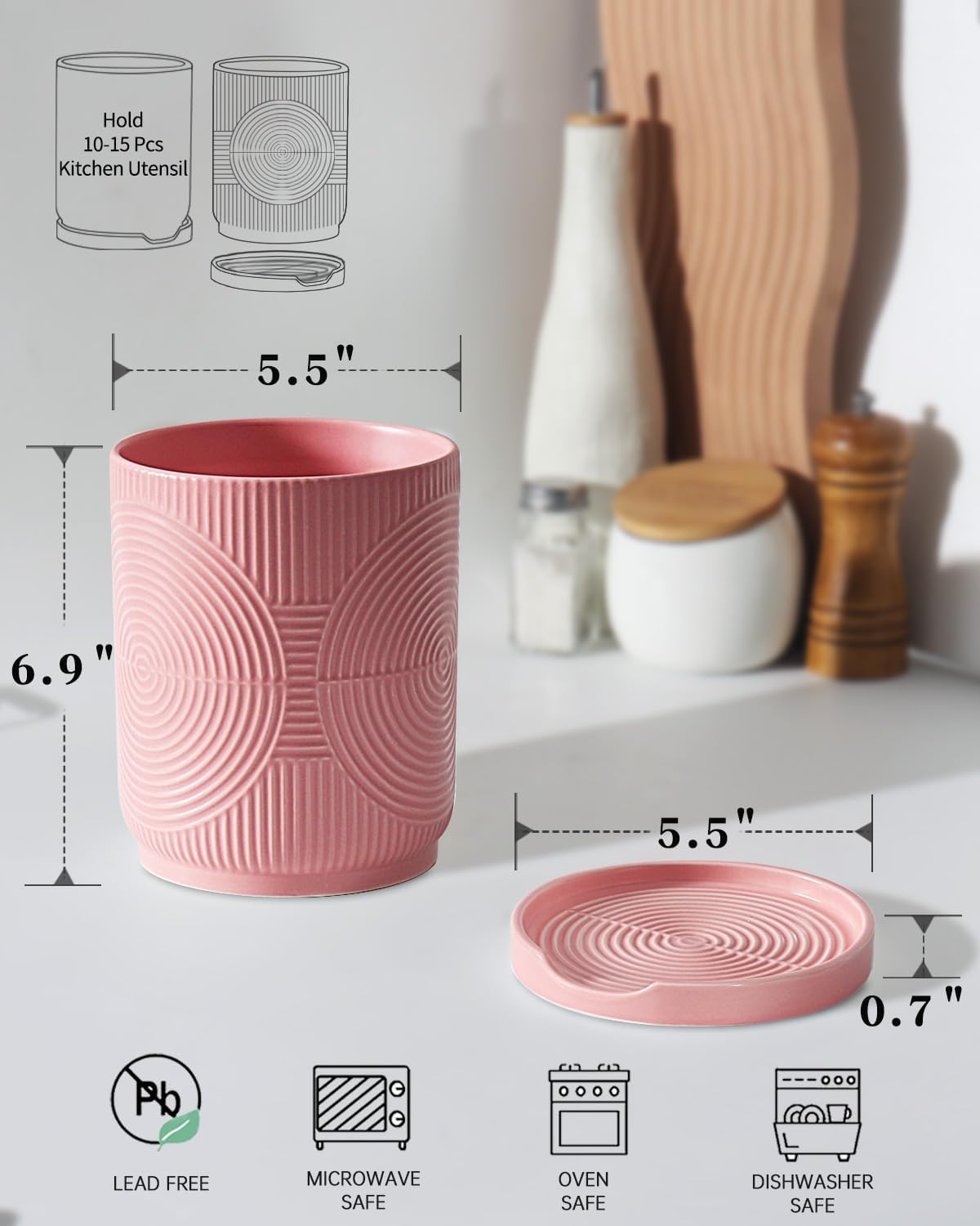 Utensil Holder, 7.2" Kitchen Utensil Holder for Counter, 2-in-1 Ceramic Cooking Utensils Holders with Spoon Rest, Utensil Crock for Spatula, Ideal Housewarming Gift(Pink)
