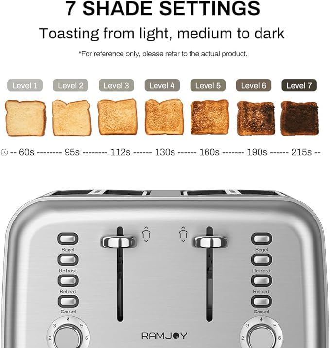 RAMJOY Toaster 4 Slice, Dual Independent Controls, Extra Wide Slot Toasters for Bagel, Bread, Waffles, 7 Shade Settings, 4 Main Functions, Removable Crumb Tray, 1500 Watts, Brushed Stainless Steel
