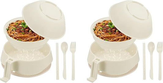 uxcell 2 Sets Microwave Ramen Bowl Set, Wheat Fiber Noodle Bowls Plastic Cooker with Lid Handle Fork Spoon Chopsticks for College Dorm Room Apartment, (Beige)