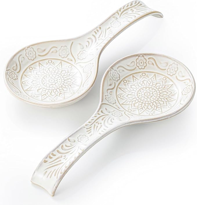 Ceramic Spoon Rest, 9 Inches Large Spoon Holder for Kitchen Counter, Set of 2, Kitchen Accessories, Dishwasher Safe, White
