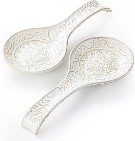 Ceramic Spoon Rest, 9 Inches Large Spoon Holder for Kitchen Counter, Set of 2, Kitchen Accessories, Dishwasher Safe, White