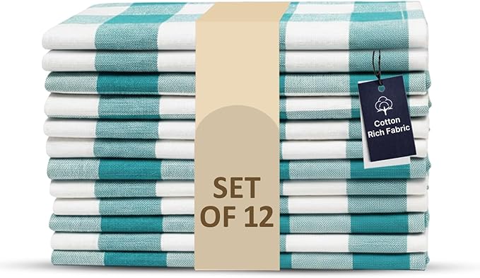 LFH Home 100% Cotton Cloth Reusable Dinner Napkins Set of 12 Washable Soft Decorative Buffalo Plaid Gingham and Checkered Table Napkins for Holidays Wedding Farmhouse Decor 18x18 Inch-Teal & White