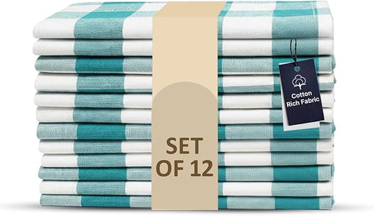 LFH Home 100% Cotton Cloth Reusable Dinner Napkins Set of 12 Washable Soft Decorative Buffalo Plaid Gingham and Checkered Table Napkins for Holidays Wedding Farmhouse Decor 18x18 Inch-Teal & White