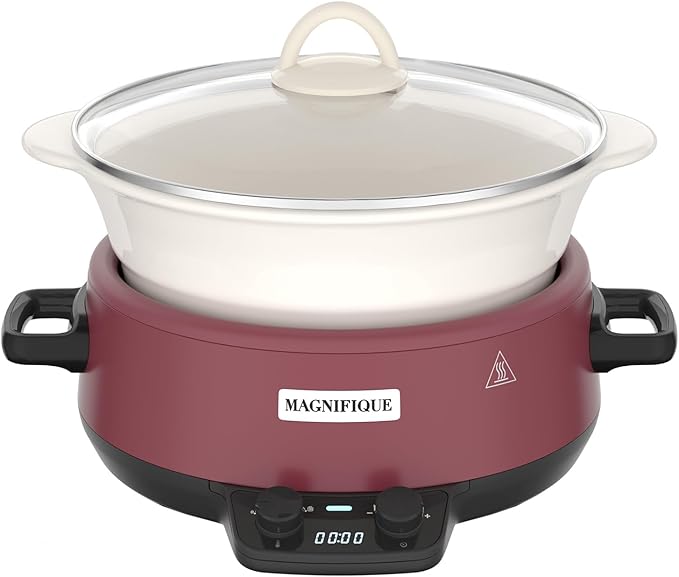 MAGNIFIQUE Small 5 Quart Round Casserole Programmable Slow Cooker with Glazed Ceramic Liner, Food Warmer Perfect Kitchen Small Appliance for Family Dinners, Red