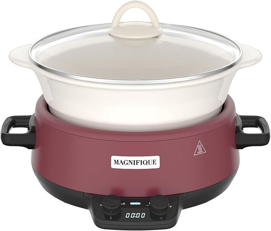MAGNIFIQUE Small 5 Quart Round Casserole Programmable Slow Cooker with Glazed Ceramic Liner, Food Warmer Perfect Kitchen Small Appliance for Family Dinners, Red