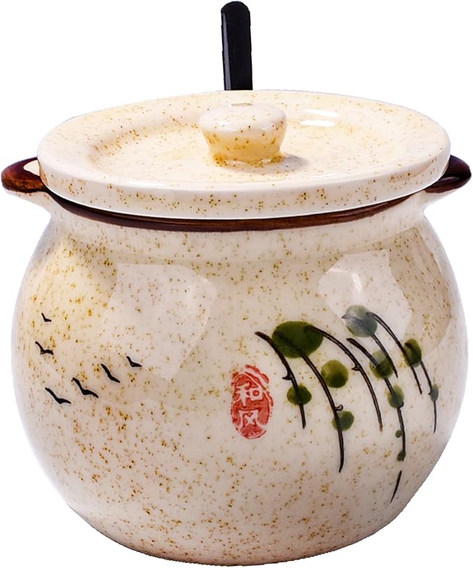 Japanese Willow Pattern Ceramic Sugar Jar & Spice Container with Lid & Stainless Steel Spoon Set – Kitchen Storage, Elegant Sakura Design,Gift