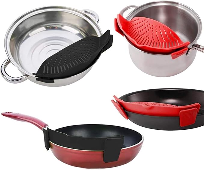 Snap Strainer, Clip on Strainer for Pots Pans, Hands-free Clip-on Heat Resistant Silicone Colander Pour Spout for Pasta Vegetable Noodles, Colander and Sieve Snaps On Pots Bowls Pans