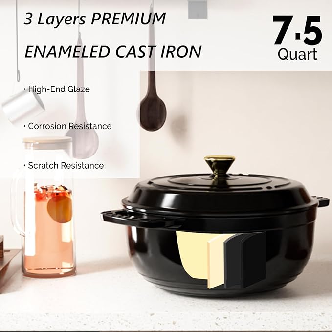 VINGLI 7.5QT Enameled Cast Iron Round Dutch Oven Pot with Lid, NonStick Casserole Pot with Dual Handles & Silicone GlovesRed, Oven Safe up to 500°F or on Stovetop, Dutch Oven for Bread Baking, Black