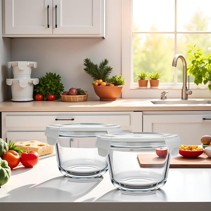 2 Cup Round Glass Food Storage Containers with Airtight Lids,18oz Round Glass Soup Container, BPA free food storage containers for Soup, Leftover. Microwave, Freezer, Dishwashe safe-4pack