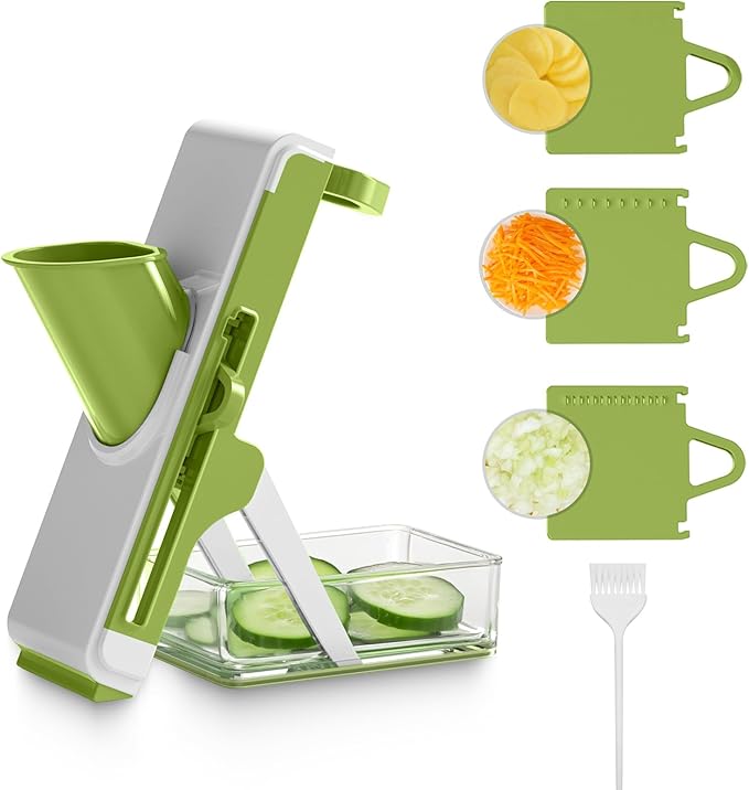 Eletronova Potato Slicer & Julienne Cutter, Safe 4-in-1 Mandoline Slicer for Kitchen, Vegetable Slicer with Thickness Adjuster, Fast Meal Prep, Easy Clean(White-green)