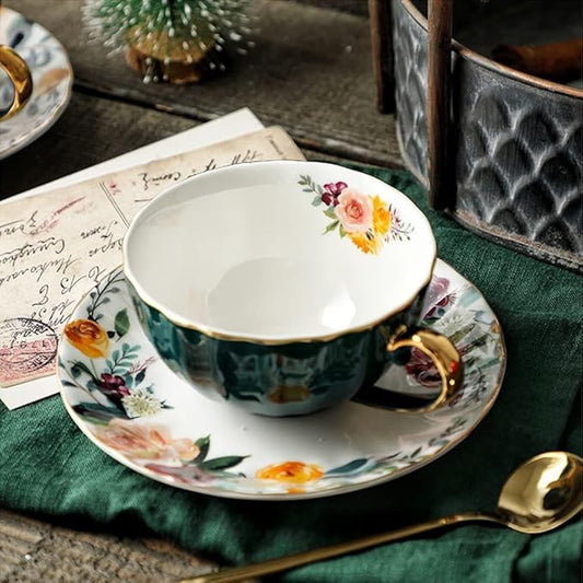 ONEUSTAR Tea Cups and Saucers Set of 2 Bone China Floral English Teacup with Spoon Coffee Cups Cappuccino Espresso Latte Mug for Christmas Gift, 8 Oz