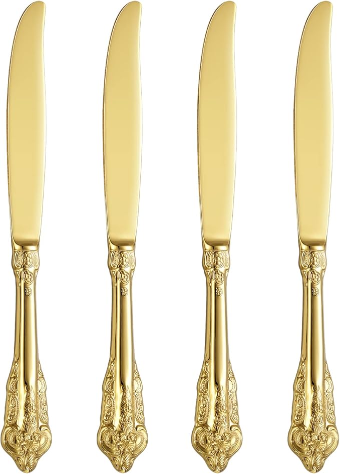 KEAWELL Gorgeous Dinner Knife, Set of 4, 18/10 Stainless Steel, Mirror Polished, Luxury Dinner Knife Set. (Gold)